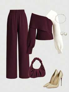 Franclia 2pcs/Set V-Neck Contrast Color Patchwork Top And Straight Leg Pants, Casual Autumn/Winter - Burgundy - View 2
