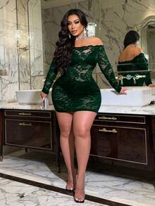 NU&NOW Đầm ren gợi cảm cỡ lớn, chất liệu xuyên thấu, họa tiết hoa, trễ vai, tay dài. - Màu xanh lá cây đậm - Xem 4