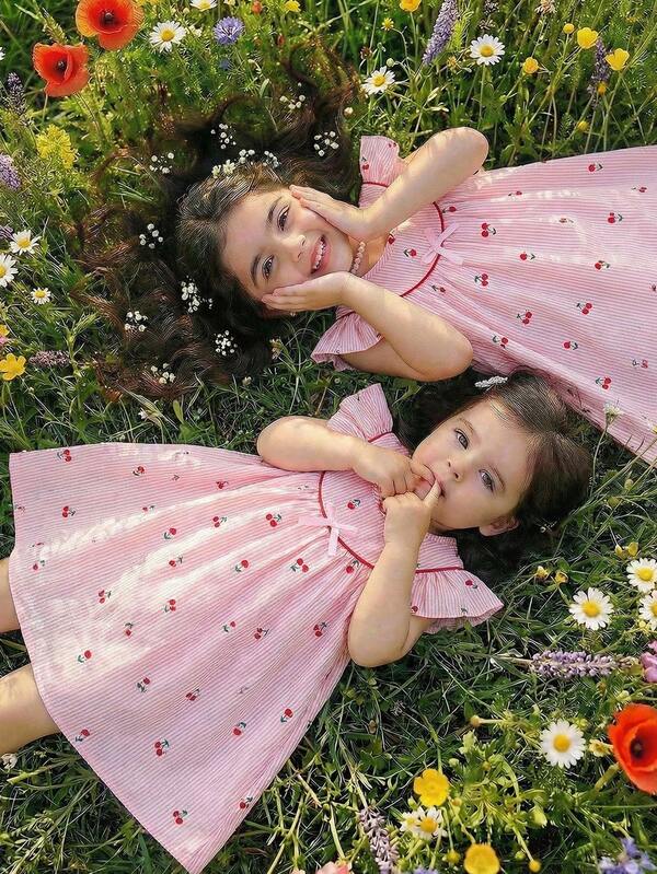 Souflis Souflis French Style New Girls Toddler Summer Dress, Striped Cherry Print, Flutter Sleeves, Ruffle Collar, Red Trim, Bow Decor, Button Back, Minimalist Elegant Princess Dress