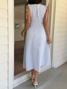 SHEIN EZwear New Summer Vacation Holiday Women's Blue Woven Striped Print Sleeveless Jumpsuit Dress Blue And White Striped Dress - Blue and White - View 2