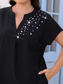 Miaspire Plus Size Elegant Pearl Embellished Shirt And Pants 2 Pieces Set, Summer - Black - View 2