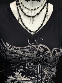 EgrlEra Women's Retro Punk Y2K Style Graphic Print Rhinestone Embellished Fitted T-Shirt - Black - View 6