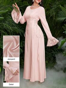 Al Najma Jacquard Splice Tie-Up Design Waist Cinching Round Neck Flare Sleeve Elegant Party Dress - Pink - View 3