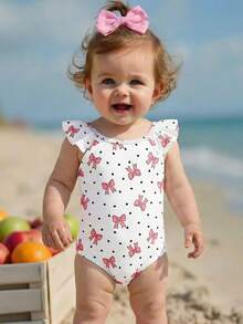 SHEIN Baby Girls' Cute Polka Dot Heart Bow Tie Ruffled One-Piece Swimsuit, Fashionable Casual Swimwear, Suitable For Girls, Swimming, Vacation, Beach, Pool, Photography, Summer Holiday Gift - Multicolor - View 2