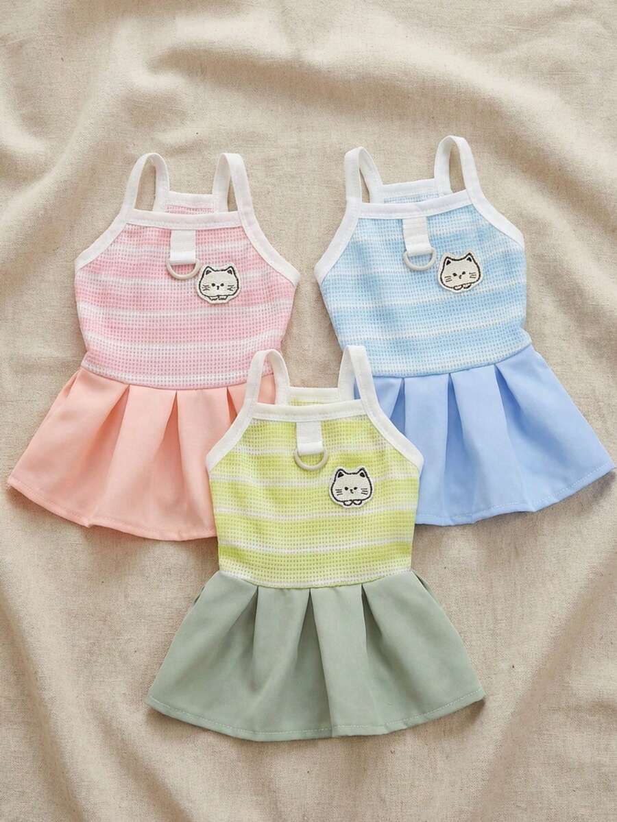 PETSIN 狗狗服装、猫咪服装、动物裙装、宠物春夏新品系列、幼犬连衣裙、公主风百搭连衣裙、条纹印花、小型动物服装、清凉防晒霜 - 彩色 - 查看 1