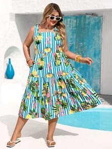 Vivid Eden Plus Size Women's Holiday Dress, Summer Boho Vacation Tropical Fruit Floral Print Tiered Midi Dress, Square Neck Tie Shoulder Sundress Party - Blue and White - View 6