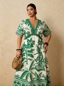 Travachic 大码热带印花休闲度假连衣裙 - 綠色 - 查看 4