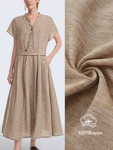 Aalyst 女士纯色高品质天丝双色亚麻法式优雅百搭连衣裙，适合工作、休闲、度假、海滩派对、下午茶等场合，立领，纽扣前襟，短袖，松紧腰，A字长款 - 卡其色 - 查看 7