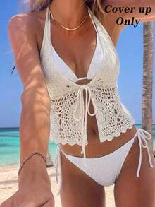 SHEIN MOD Summer Vacation Beach Crochet Halter Cover Up, Handmade Crochet, Beach Vacation Outfits For Women, Cute,Country Concert, Holiday, Vacation Woman, Festival, Women's White Crochet Halter Bikini Top Beach Swimwear, Cream Coverup - White - View 1