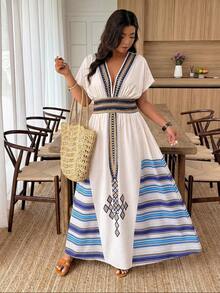 Weeklong Plus Size Women V-Neck Geometric Print Ruched Waist Slit Elegant Party Dress - Multicolor - View 3