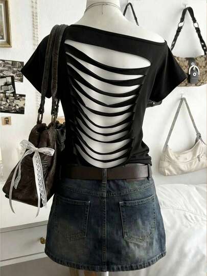 Lalippa Women's Black Skeleton Cut Out Backless T-Shirt - Short Sleeve Off Shoulder Gothic Grunge Top