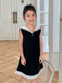 DAZY Vestido sin mangas con cuello azul marino, estilo francés, nueva llegada de verano, ropa de otoño para niñas jóvenes, vestido para niñas (pequeño) - Negro - Ver 5