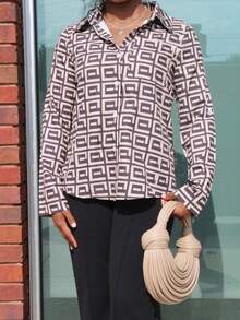 Steph T Camisa con estampado geométrico, blusas de manga larga - Marrón - Ver 4