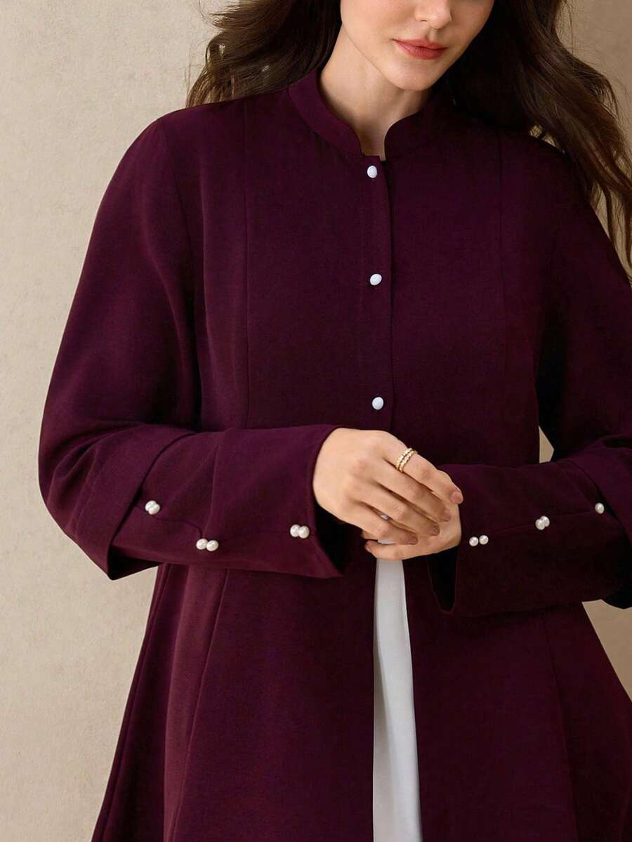 Al Najma Solid Color Elegant Slim Fit Abaya For Women, Autumn/Winter - Burgundy - View 1