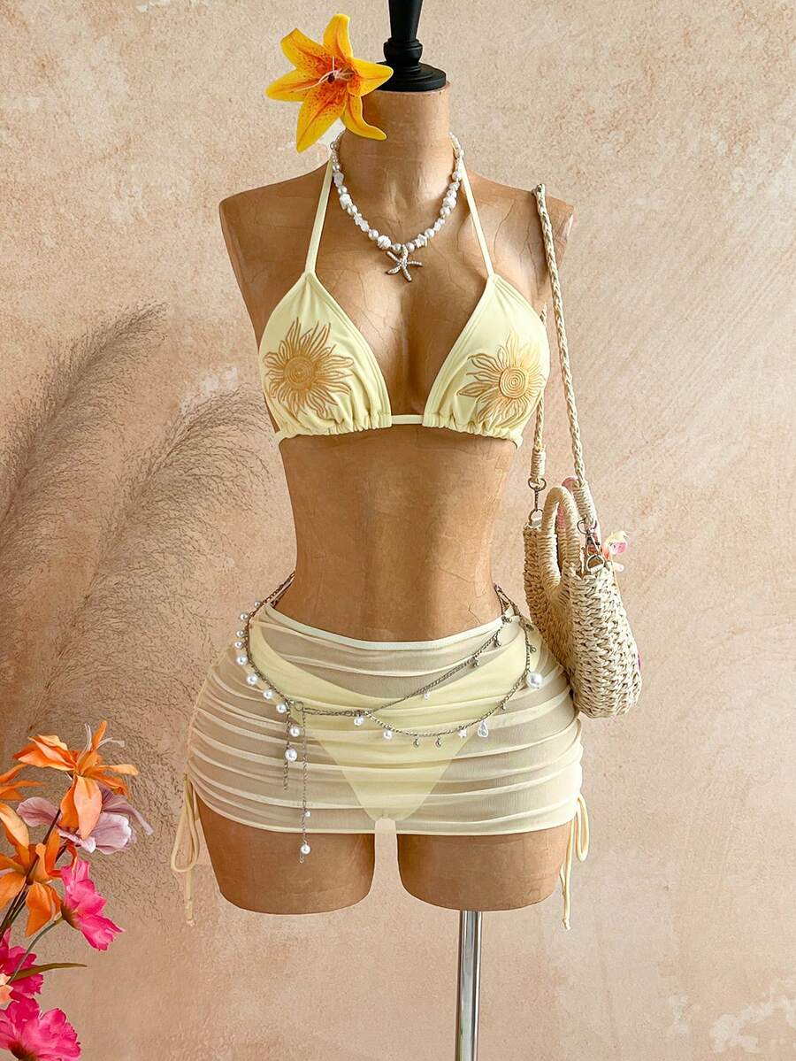 Soleia Women's Summer Vacation Beach Light Yellow Sun Embroidery Halter Bikini 3 Pieces Set - Yellow - View 1