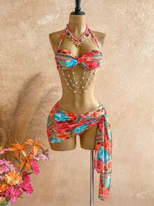 Soleia Women's Summer Beach Floral & Leopard Print Halter Tie Sexy Bikini Set With Coverup And Skirt Vacation Bathing Suit - Multicolor - View 5