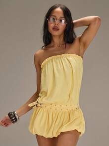 Athîral 女士休闲无袖无肩带黄色泡泡连衣裙，春夏款 - 淡黃色 - 查看 6