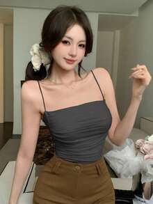 DAZY 女款純色百褶細肩帶背心，休閒性感夏季上衣，適合夜店外出的黑色款 - 灰色 - 查看 3