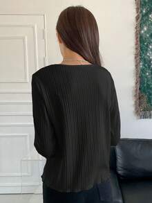 DAZY Ribbed Knit Lettuce Trim Tee,Fall Clothes Long Sleeve Women Tops - Black - View 3