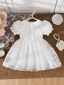 Souflis Souflis 女嬰白色夏季優雅婚紗禮服，奢華可愛柔軟雪紡網紗面料，圓領鬆腰蝴蝶結裝飾喇叭裙，適合派對 - 白色 - 查看 2