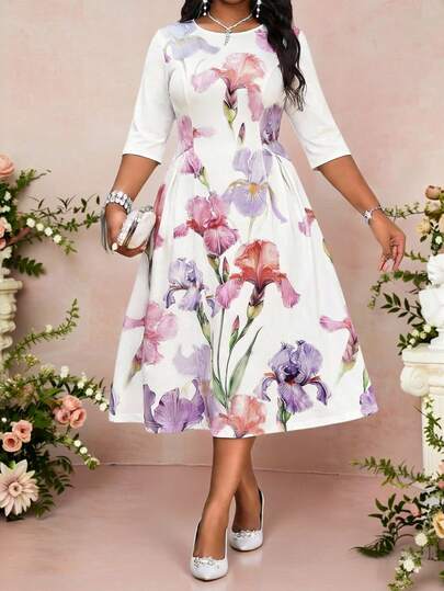 Fleurora Plus Size Elegant Floral Print Party Dress White Floral Dresses For Women Floral Dress With Sleeves Women Easter Dress Mothers Day Dress Floral Dress Womens Spring Dress Womens Elegant Outfits Womens Casual Dresses Womens Church Dresses Womens Easter Dress Dresses For Ladies Wrap Dress Wedding Guest Floral Print Dress Woman Dress Work Outfits Women