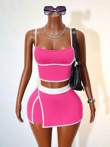 Mistrie Contrast Color Trim Camisole & Shorts Sports Suit - Pink - View 1