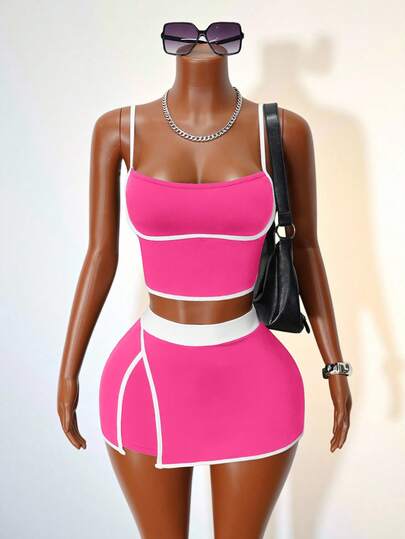 Mistrie Contrast Color Trim Camisole & Shorts Sports Suit