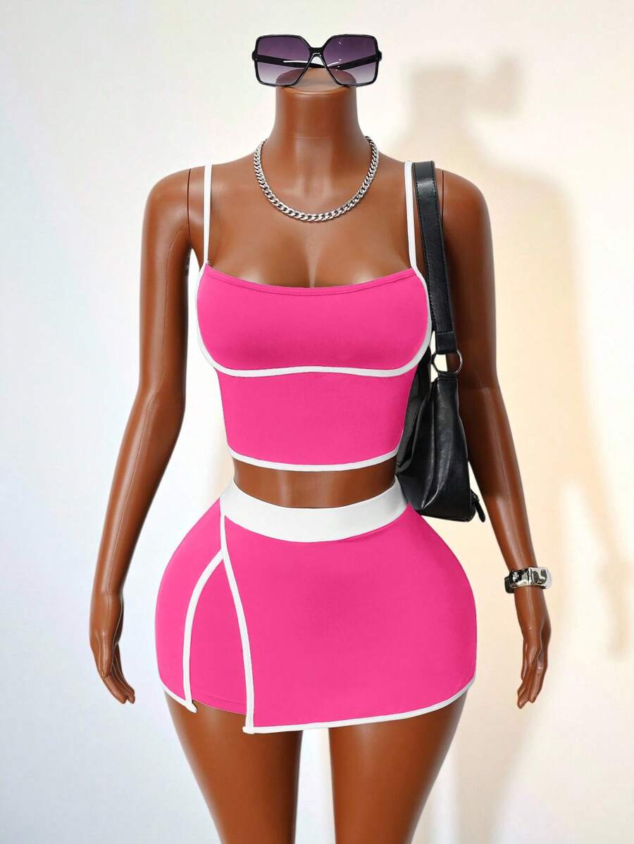 Mistrie Contrast Color Trim Camisole & Shorts Sports Suit - Pink - View 1