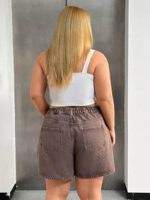 SHEIN Pantalones cortos de mezclilla de talla grande, lavados, de cintura alta - Marrón - Ver 2