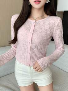 DAZY 女士印花修身运动套装，包含露脐上衣和开衫，适合夏季、春季和秋季穿着。 - 粉色 - 查看 7
