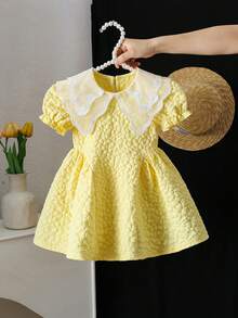 SHEIN Elladie kids Baby Girl Contrast Mesh Embroidery Design Short Puff Sleeve Cute Dress - Yellow - View 1