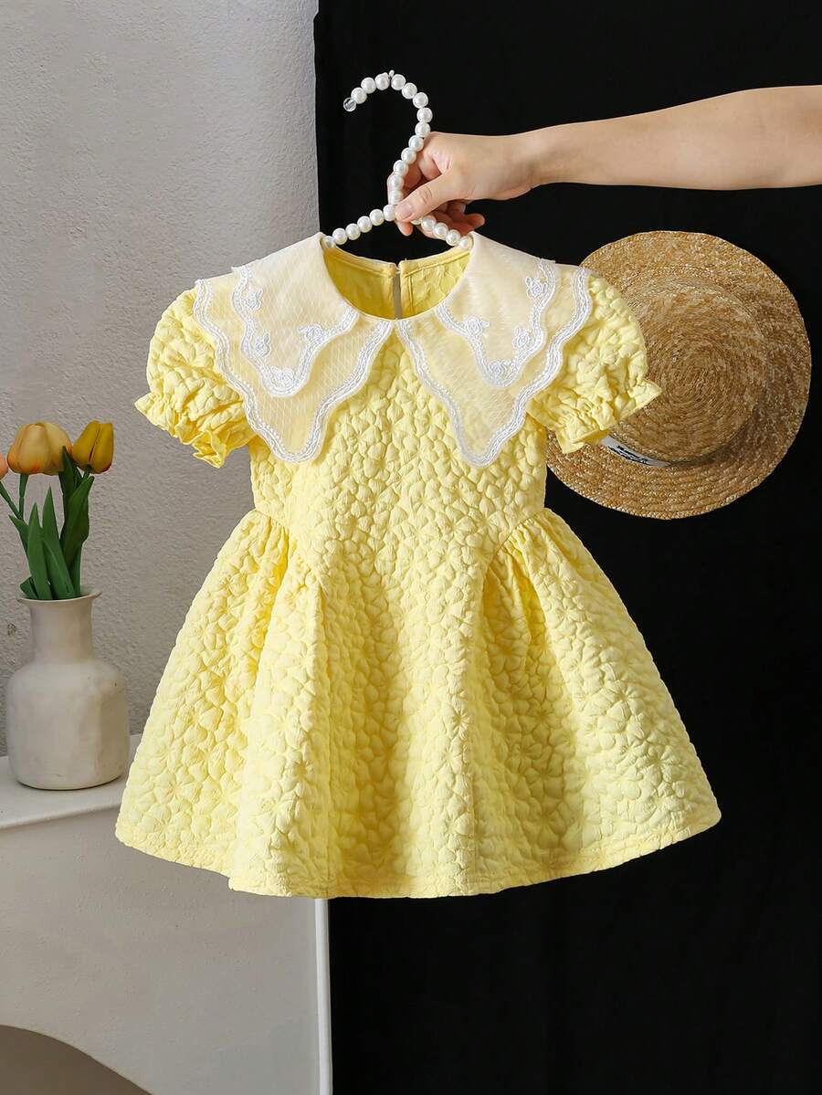 SHEIN Elladie kids Baby Girl Contrast Mesh Embroidery Design Short Puff Sleeve Cute Dress - Yellow - View 1