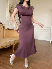 DAZY Women's Elegant Solid Color Draped Neck Tank Top And Straight Skirt 2-Piece Set, Summer - Purple - View 2