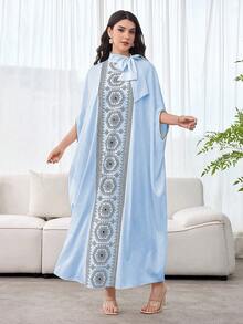 SHEIN Najma 女士拼接优雅领结宽松奢华连衣裙 - 淺藍色 - 查看 4