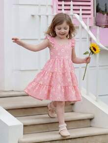 4-7岁女童夏季雏菊印花泡泡格纹连衣裙，A字廓形，适合度假穿着 - 粉色 - 查看 2