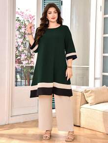 Lacomfia Plus Size Women Striped Round Neck 3/4 Sleeve Top And Pants Casual 2 Pieces Set - Army Green - View 3