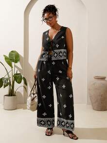 Veslaya 2026春夏大码女装音乐节、复活节、波西米亚风、生日派对、毕业典礼、学院风、学生装、日常休闲、百搭基础款、度假、邮轮旅行、海滩、日光浴、热门单品、街头风、婚礼宾客波西米亚风、通勤、早午餐、机场、派对、假日郊游、优雅晚宴、舞会、休闲、高端优雅黑色纹理印花无袖系带露脐上衣和阔腿裤两件套游艇装女式Y2K连体裤女式连体裤连身裤Jax Digital Circus Wor - 彩色 - 查看 7