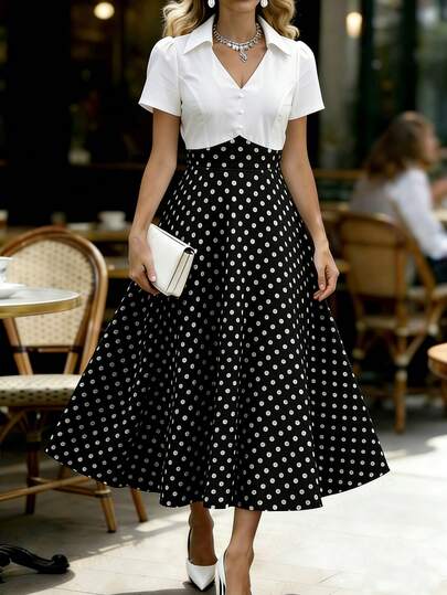 SHEIN Elenzya 白色立领V领束腰连衣裙，泡泡袖，复古波点拼接，大码