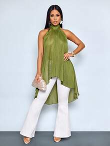 女士春夏纯色度假风日常穿搭夏威夷休闲度假优雅性感通勤简约衬衫优雅露肩无袖雪纺上衣高领飘逸派对晚宴婚礼宾客 - 橄欖綠 - 查看 4