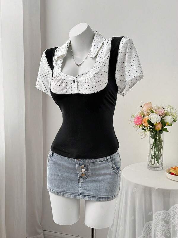 Sunspun Vintage Polka Dot Patchwork Short Sleeve T-Shirt, Flattering Versatile Cropped Top With Sweet Square Collar & Puff Sleeves, Sexy Slim Fit Black Crop Top With Artistic Polka Dot Patchwork Design, Versatile Sleeveless Patchwork T-Shirt For Women In Autumn