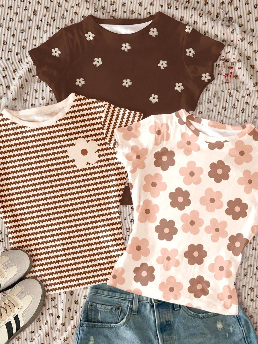 三件套奶油白、棕色条纹、摩卡棕色圆领短袖基础款T恤，BM风格花卉系列，适合少女日常休闲穿着、居家、度假、春夏装扮 - 彩色 - 查看 1