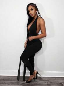 BamGleam 女士时尚性感深V领露背吊带连体裤 - 黑色 - 查看 5