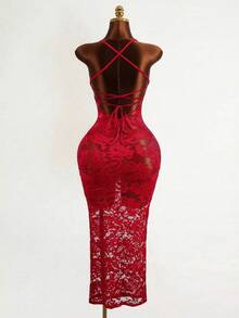 Mistrie 黑色花卉蕾丝长裙 - 细肩带 - 透明性感长裙 - Fiery Red - 查看 2