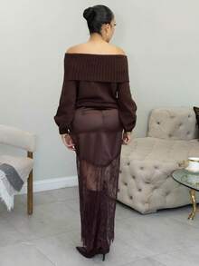 Melissa Matos 缎面优雅通勤女士高腰丝滑褶皱撞色蕾丝长裙 - 棕色 - 查看 2