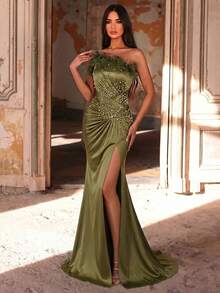 Glamrae Elegante y lujoso vestido de punto elástico con volantes, abertura lateral y cola de pez, con cuentas de burbujas y adornos de strass en el hombro asimétrico, adecuado para bodas, fiestas, vacaciones y banquetes - Rosa vieja - Ver 6