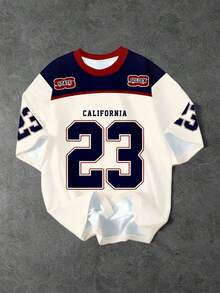 SHEIN EZwear Áo thun nữ tay ngắn cổ tròn tối giản, dáng rộng, thích hợp mặc dạo phố, họa tiết khối màu, in số 23 - Nhiều màu - Xem 4