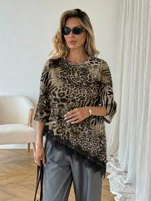 EMERY ROSE Áo thun nữ kiểu dáng thường ngày, màu trơn, họa tiết da báo, vạt áo bất đối xứng, phối ren, đa năng, thích hợp mặc hàng ngày, áo mặc nhà mùa xuân/hè, phù hợp cho kỳ nghỉ, mùa hè, mùa xuân, nghỉ xuân và nhiều dịp khác, bao gồm váy đi biển, áo sơ mi thường ngày, áo khoác ngoài và áo mùa hè. - Nhiều màu - Xem 6