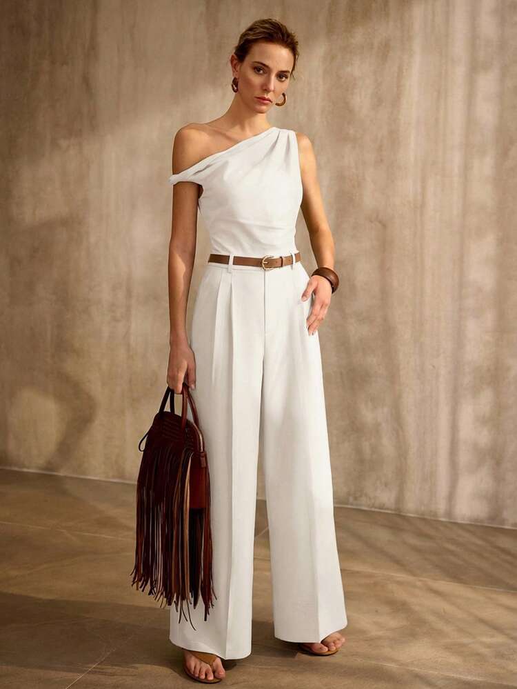 ASYMMETRIC SHOULDER JUMPSUIT WITH BELT, VINTAGE STYLE, SPRING/SUMMER
