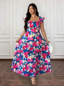 Elenzga Vestido largo de mujer talla grande con estampado floral, cuello cuadrado, mangas con volantes, cintura fruncida y estilo vintage francés versátil para vacaciones y citas - Multicolor - Ver 4