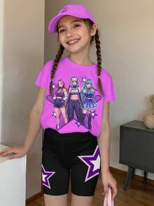1 Set Tween Girls Casual K-POP Idol Anime Girl Group Graphic T-Shirt, Paired With Star Print Black Skinny Shorts, Stylish & Fashionable Summer Outfits - Multicolor - View 1